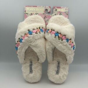 Poppy Rose Ivory Fuzzy Slippers with Colorful Flower/Rose Trim Size M (7-8)